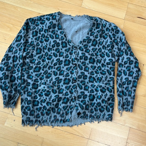 R13 Distressed Blue Leopard Cardigan  Size L - Picture 1 of 5